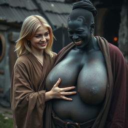 In a haunted, poor medieval village, a very happy 19-year-old malnourished blonde woman with medium hair is wearing a long, closed noble Buddhist cloak