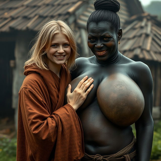 In a haunted, poor medieval village, a very happy 19-year-old malnourished blonde woman with medium hair is wearing a long, closed noble Buddhist cloak