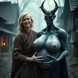 In a haunted medieval village, a very happy young blonde woman, age 19, with medium-length hair, wearing a long, closed noble Buddhist robe