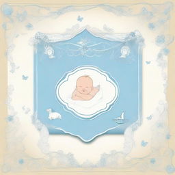 A welcoming banner, ornately decorated with soothing baby boy themes, celebrating the arrival of a new born baby boy.