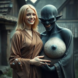 In a haunted medieval village, a very happy young blonde woman, age 19, with medium-length hair, wearing a long, closed noble Buddhist robe