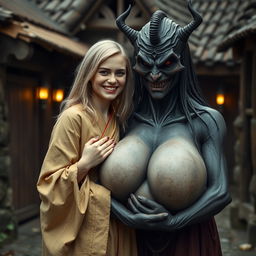 In a haunted medieval village, a very happy young blonde woman, age 19, with medium-length hair, wearing a long, closed noble Buddhist robe