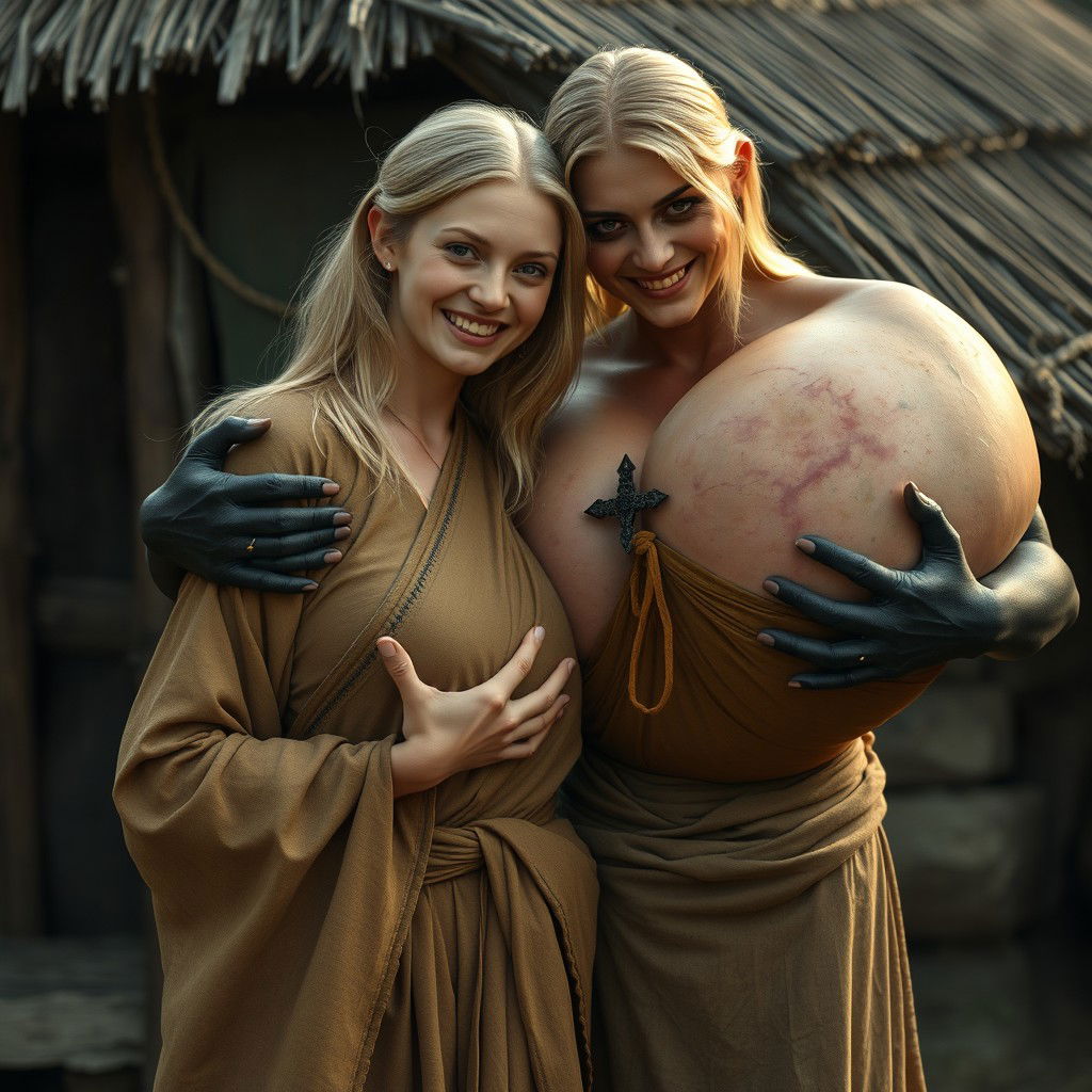 In a poor medieval village, a very happy young blonde woman, age 19, with medium-length hair, is wearing a long, closed noble Buddhist robe
