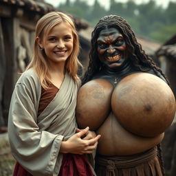 In a poor medieval village, a very happy young blonde woman, age 19, with medium-length hair, is wearing a long, closed noble Buddhist robe