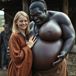 In a poor medieval village, a very happy young blonde woman, age 19, with medium-length hair, is wearing a long, closed noble Buddhist robe