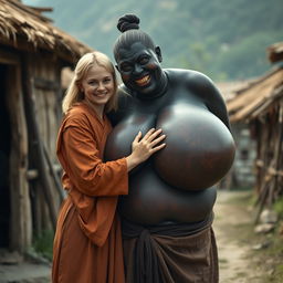 In a poor medieval village, a very happy young blonde woman, age 19, with medium-length hair, is wearing a long, closed noble Buddhist robe