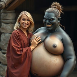 In a poor medieval village, a very happy young blonde woman, age 19, with medium-length hair, is wearing a long, closed noble Buddhist robe