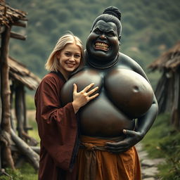 In a poor medieval village, a very happy young blonde woman, age 19, with medium-length hair, is wearing a long, closed noble Buddhist robe