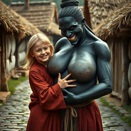 In a poor medieval village, a very happy, malnourished 19-year-old blonde girl with medium-length hair, wearing a long, fully closed noble Buddhist robe