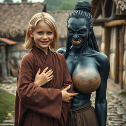 In a poor medieval village, a very happy, malnourished 19-year-old blonde girl with medium-length hair, wearing a long, fully closed noble Buddhist robe