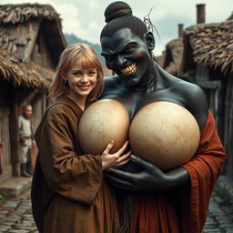 In a poor medieval village, a very happy, malnourished 19-year-old blonde girl with medium-length hair, wearing a long, fully closed noble Buddhist robe