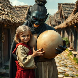 In a poor medieval village, a very happy, malnourished 19-year-old blonde girl with medium-length hair, wearing a long, fully closed noble Buddhist robe