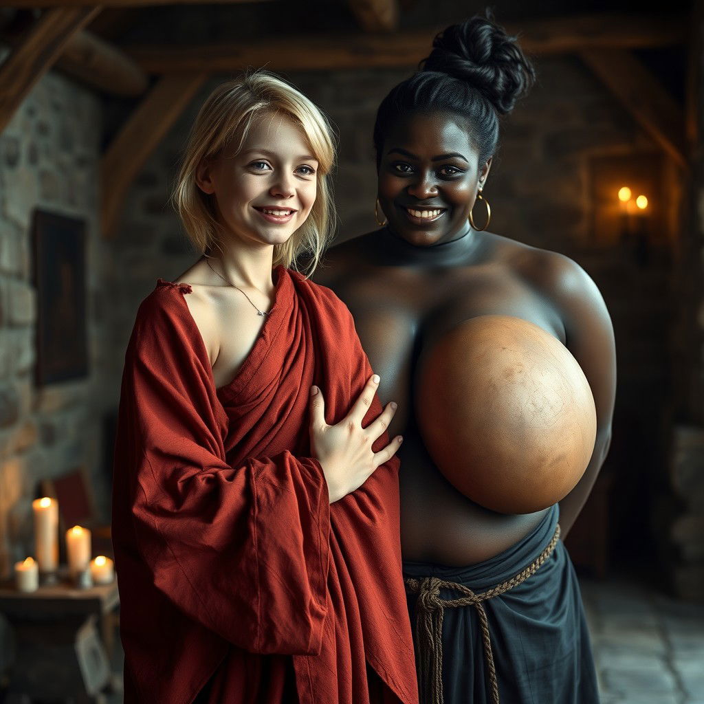 In a medieval room, a very happy, malnourished 19-year-old blonde girl with medium-length hair, wearing a long, fully closed noble Buddhist robe