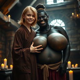 In a medieval room, a very happy, malnourished 19-year-old blonde girl with medium-length hair, wearing a long, fully closed noble Buddhist robe