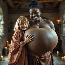 In a medieval room, a very happy, malnourished 19-year-old blonde girl with medium-length hair, wearing a long, fully closed noble Buddhist robe