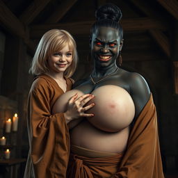 In a medieval room, a very happy, malnourished 19-year-old blonde girl with medium-length hair, wearing a long, fully closed noble Buddhist robe