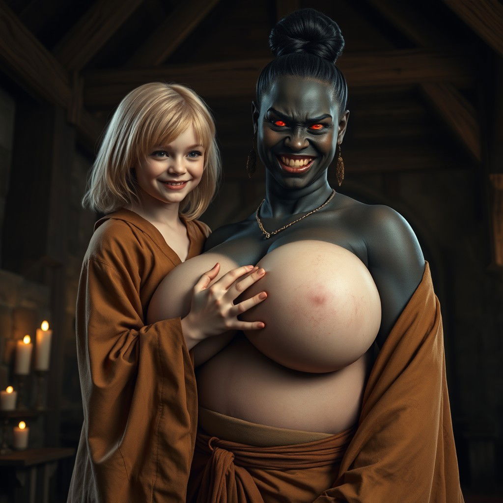 In a medieval room, a very happy, malnourished 19-year-old blonde girl with medium-length hair, wearing a long, fully closed noble Buddhist robe