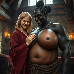 In a medieval room, a very happy, malnourished 19-year-old blonde girl with medium-length hair, wearing a long, fully closed noble Buddhist robe