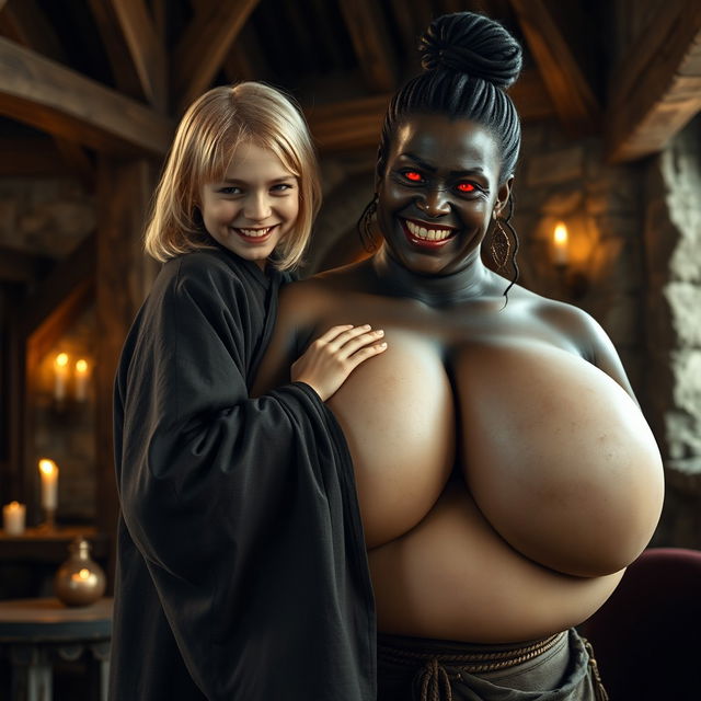 In a medieval room, a very happy, malnourished 19-year-old blonde girl with medium-length hair, wearing a long, fully closed noble Buddhist robe