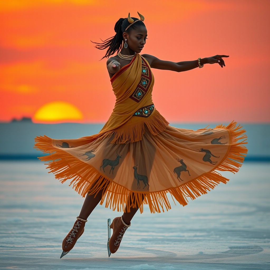 A dynamic figure skater in a stunning costume inspired by African culture, featuring warm sunset colors like gold, terracotta, and sandy beige accented with turquoise