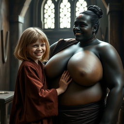 In a medieval room, a very happy 19-year-old malnourished blonde girl with medium-length hair, wearing a full-length noble Buddhist robe