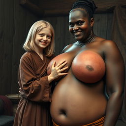 In a medieval room, a very happy 19-year-old malnourished blonde girl with medium-length hair, wearing a full-length noble Buddhist robe