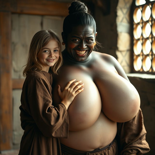 In a medieval room, a very happy 19-year-old malnourished blonde girl with medium-length hair, wearing a full-length noble Buddhist robe