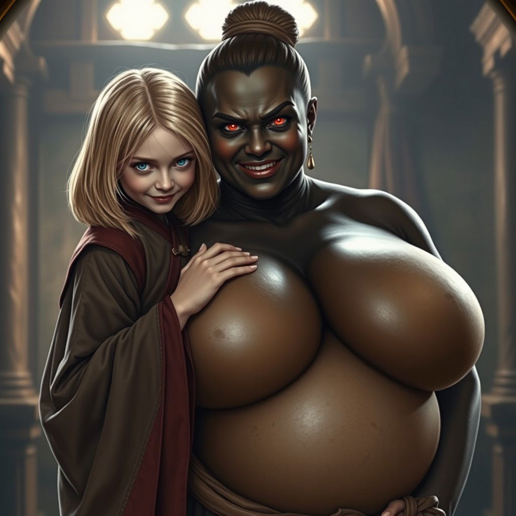 In a medieval room, a wicked-looking 19-year-old malnourished blonde girl with medium-length hair, exuding an aura of mischief with a sinister smile, wearing a full-length noble Buddhist robe