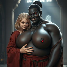 In a medieval room, a wicked-looking 19-year-old malnourished blonde girl with medium-length hair, exuding an aura of mischief with a sinister smile, wearing a full-length noble Buddhist robe