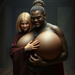 In a medieval room, a wicked-looking 19-year-old malnourished blonde girl with medium-length hair, exuding an aura of mischief with a sinister smile, wearing a full-length noble Buddhist robe