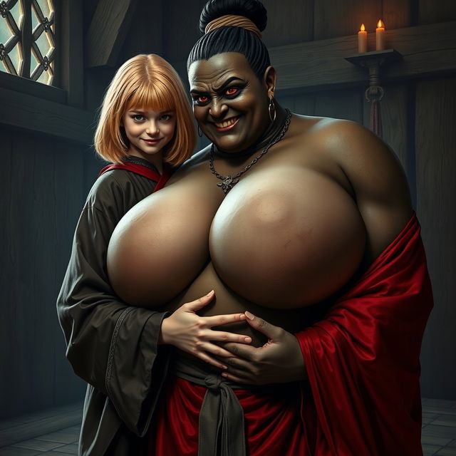 In a medieval room, a wicked-looking 19-year-old malnourished blonde girl with medium-length hair, exuding an aura of mischief with a sinister smile, wearing a full-length noble Buddhist robe