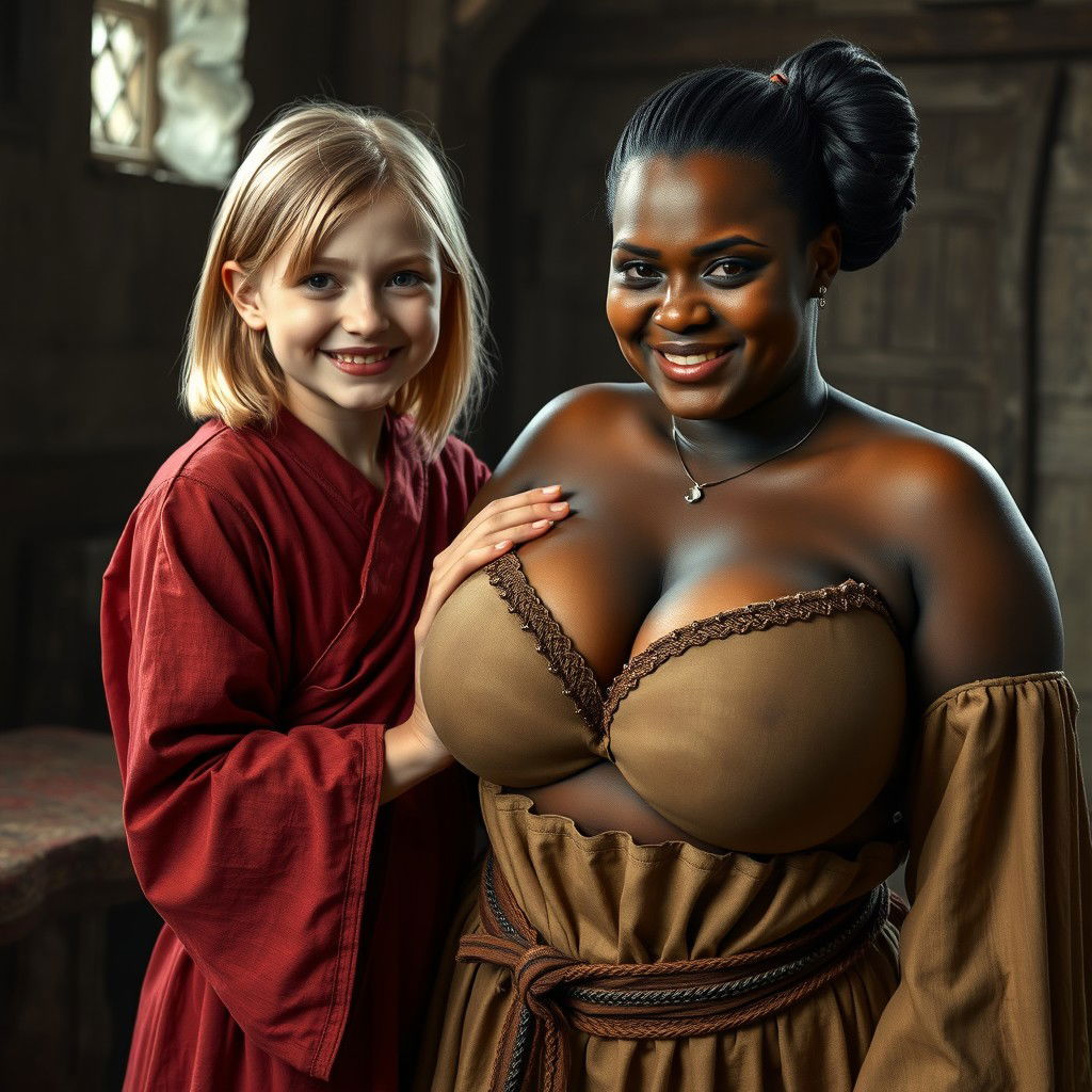 In a medieval room, a very happy 19-year-old malnourished blonde girl with medium-length hair, wearing a full-length noble Buddhist robe