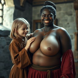 In a medieval room, a very happy 19-year-old malnourished blonde girl with medium-length hair, wearing a full-length noble Buddhist robe