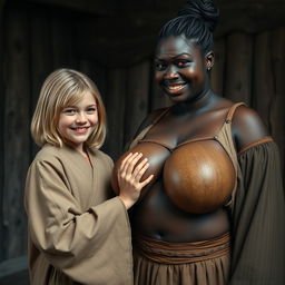 In a medieval room, a very happy 19-year-old malnourished blonde girl with medium-length hair, wearing a full-length noble Buddhist robe