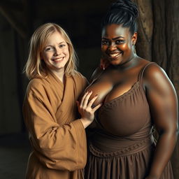 In a medieval room, a very happy 19-year-old malnourished blonde girl with medium-length hair, wearing a full-length noble Buddhist robe