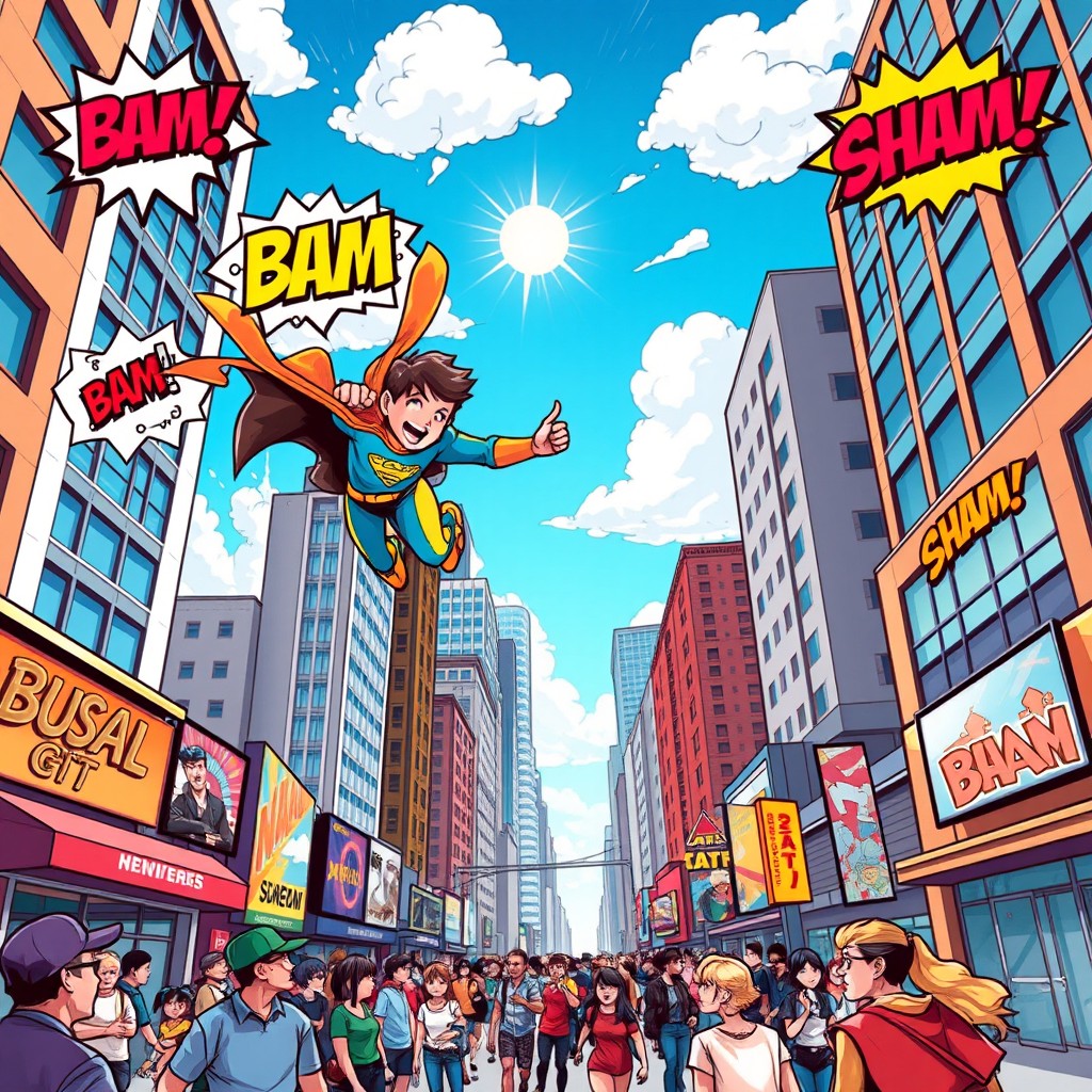 A vibrant and engaging comic book style illustration, showcasing a dynamic superhero flying through a bustling city with skyscrapers in the background