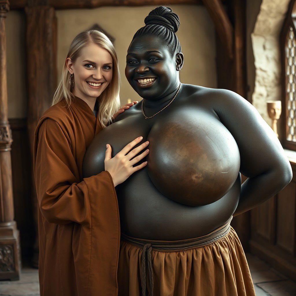 In a medieval room, a very happy 19-year-old young blonde woman with blue eyes and medium-length hair is wearing a long, fully closed noble Buddhist robe