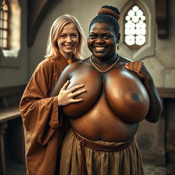 In a medieval room, a very happy 19-year-old young blonde woman with blue eyes and medium-length hair is wearing a long, fully closed noble Buddhist robe