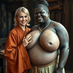In a medieval room, a very happy 19-year-old young blonde woman with blue eyes and medium-length hair is wearing a long, fully closed noble Buddhist robe