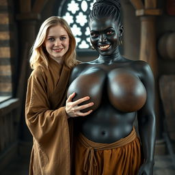 In a medieval room, a very happy 19-year-old young blonde woman with blue eyes and medium-length hair is wearing a long, fully closed noble Buddhist robe