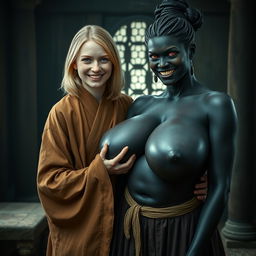 In a medieval room, a very happy 19-year-old young blonde woman with blue eyes and medium-length hair is wearing a long, fully closed noble Buddhist robe