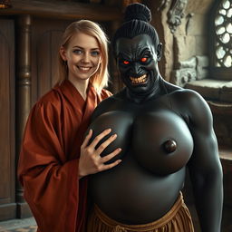 In a medieval room, a very happy 19-year-old young blonde woman with blue eyes and medium-length hair is wearing a long, fully closed noble Buddhist robe