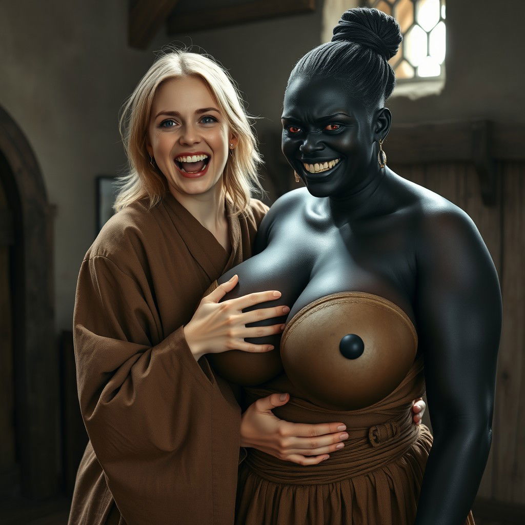 In a medieval room, a very happy young blonde woman, age 19 and looking a bit undernourished, joyfully screams with bright blue eyes and medium-length hair