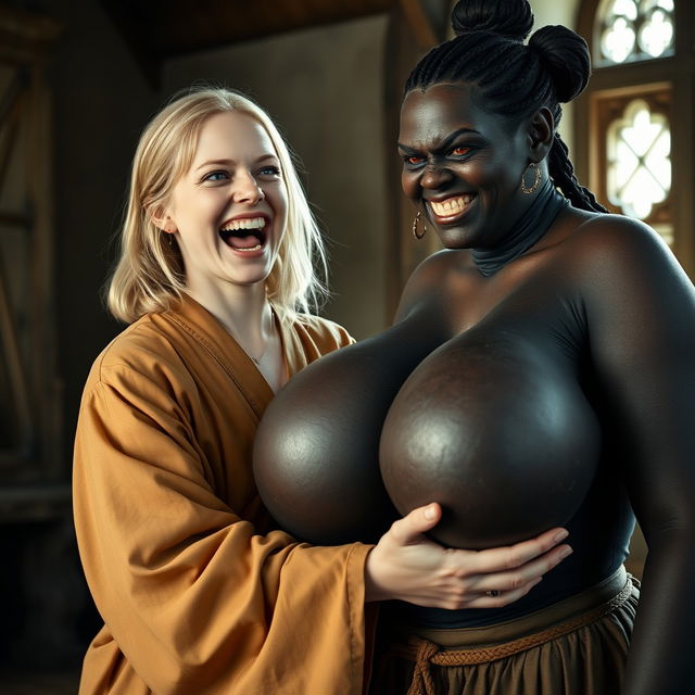 In a medieval room, a very happy young blonde woman, age 19 and looking a bit undernourished, joyfully screams with bright blue eyes and medium-length hair