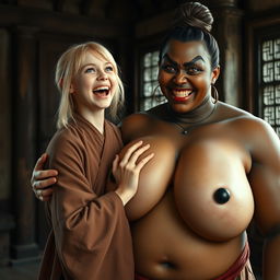 In a medieval room, a very happy young blonde woman, age 19 and appearing a bit undernourished, joyfully screams with vibrant blue eyes and medium-length hair