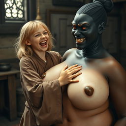 In a medieval room, a very happy young blonde woman, age 19 and appearing a bit undernourished, joyfully screams with vibrant blue eyes and medium-length hair