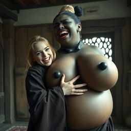 In a medieval room, a very happy young blonde woman, age 19 and appearing a bit undernourished, joyfully screams with vibrant blue eyes and medium-length hair