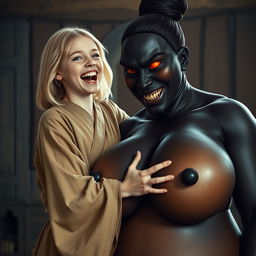 In a medieval room, a very happy young blonde woman, age 19 and appearing a bit undernourished, joyfully screams with vibrant blue eyes and medium-length hair