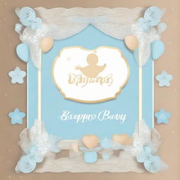 A welcoming banner, ornately decorated with soothing baby boy themes, celebrating the arrival of a new born baby boy.