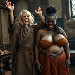 In a medieval room, a young, emaciated blonde woman aged 19 with medium-length hair and bright blue eyes is joyfully shouting with excitement